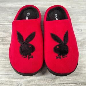 Playboy Mens Size L 11/12 Red Black Bunny Logo Plush Slippers House Shoes EUC